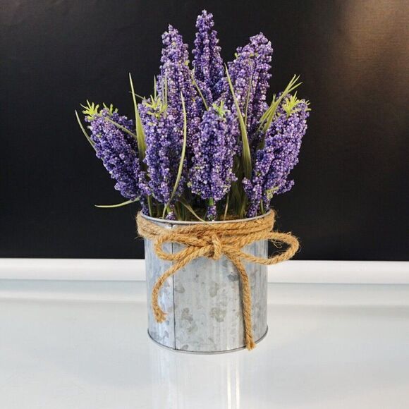 Artificial Lavender Flowers in Metal Tin Arrangment Farmhouse Decor 11 Inch - Picture 1 of 5